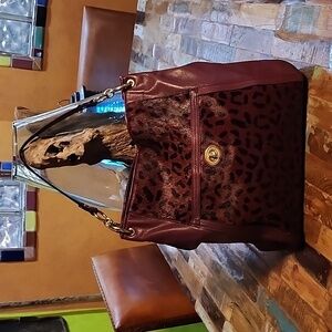 HTF Half-Calf Signature COACH Wine/Burgundy Leather & Animal Print Shoulder Bag